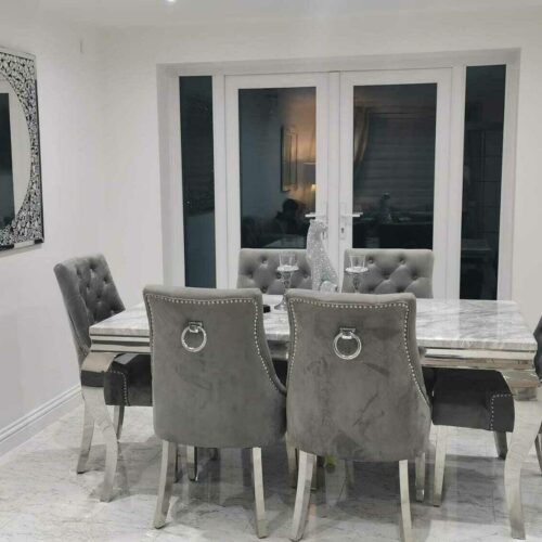 Louis 180cm Grey Marble Dining Table + Knightsbridge Light Grey Knocker Plush Velvet Chairs
